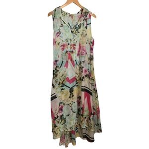 Aratta Silent Journey Floral Geometric Maxi Dress Boho Pintuck Semi Sheer Sz L